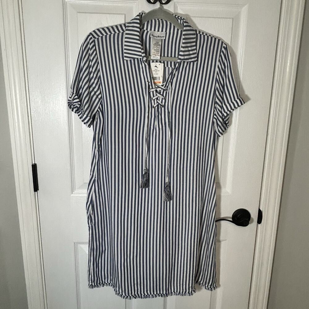 Tommy Bahama Blue Chambray Stripe Shirt Dress Lace Up Tassel Size Small NWT